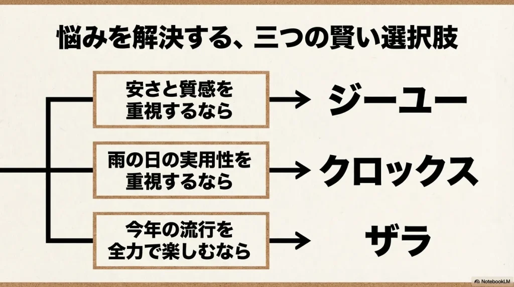安さと質感ならジーユー、実用性ならクロックス、流行ならザラを選ぶおすすめフローチャート