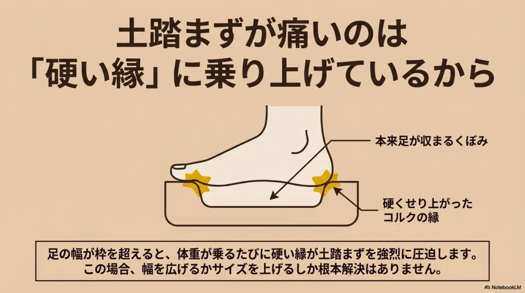 足の幅が枠を超え、体重が乗るたびに硬くせり上がったコルクの縁が土踏まずを圧迫する図解