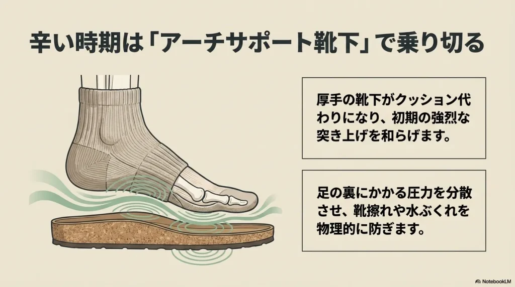 厚手の靴下がクッション代わりになり、足の裏にかかる圧力を分散させて靴擦れや水ぶくれを防ぐ仕組み