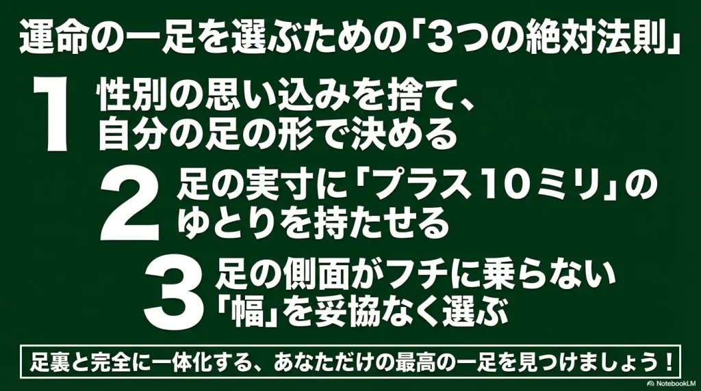 性別の思い込みを捨てる、足の実寸にプラス10ミリのゆとりを持たせる、足の側面がフチに乗らない幅を選ぶという、運命の一足を見つける3つの絶対法則 