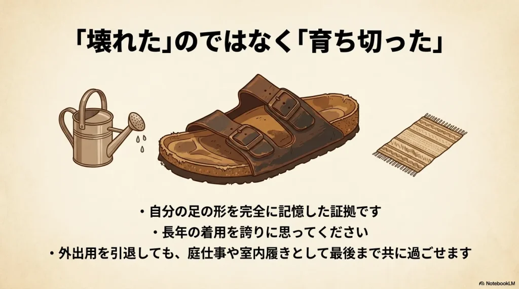 壊れたのではなく自分の足の形に育ち切った証拠として、庭仕事や室内履きに転用するアイデア