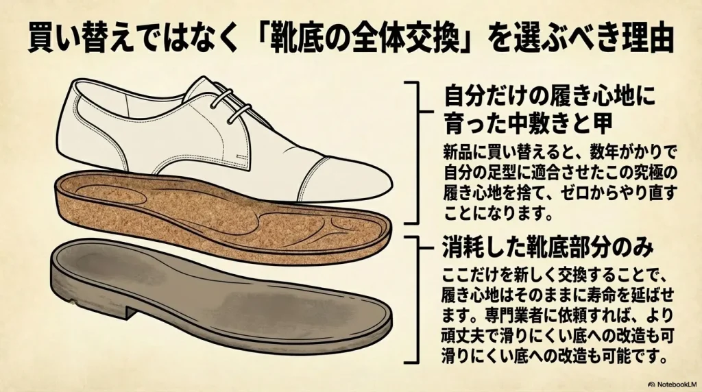 自分の履き心地に育った中敷きと甲のパーツを残し、消耗した靴底部分のみを新しく交換することで履き心地の寿命を延ばすメリットの図解