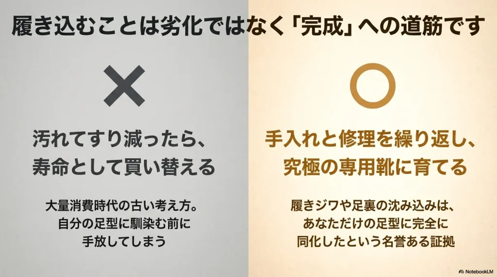 汚れてすり減ったら買い替える大量消費時代の考え方にバツ印をつけ、手入れと修理で究極の専用靴に育てる考え方にマル印をつけた図
