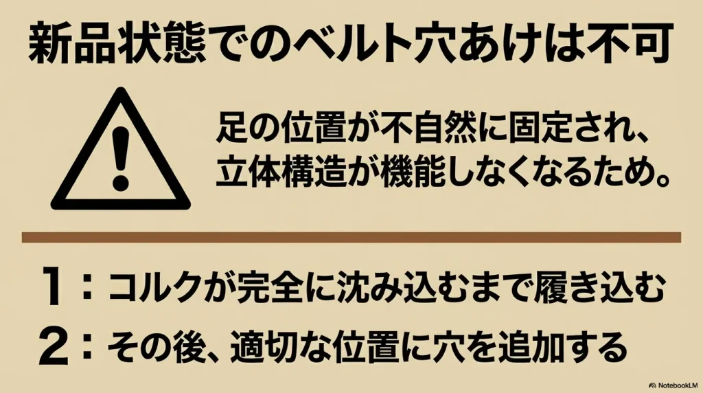 新品状態でベルトの穴あけをすると足が不自然に固定されるため不可という警告文とアイコン