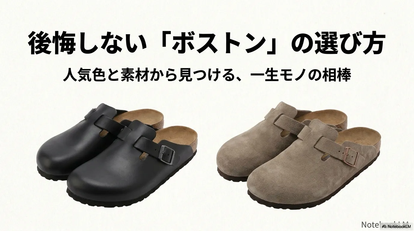 ビルケンシュトックボストンのトープとモカの画像と、後悔しない選び方のタイトルロゴ
