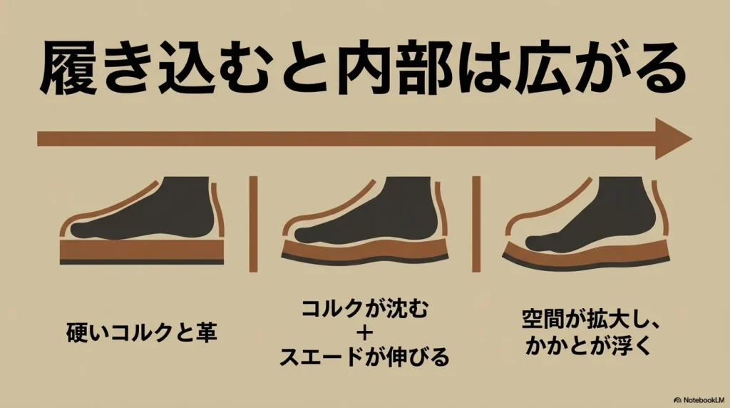 ビルケンシュトックを履き込むことでコルクが沈み、革が伸びて靴内部の空間が広がるメカニズムの図解