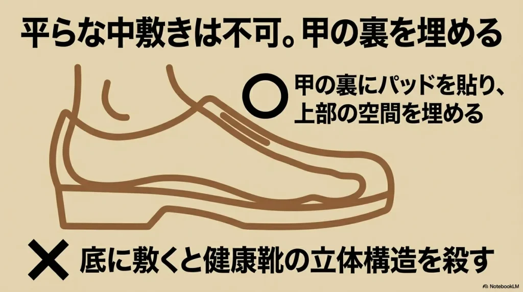 平らな中敷きは避け、甲の裏側にパッドを貼って内部空間を埋めるフィッティング調整の図解