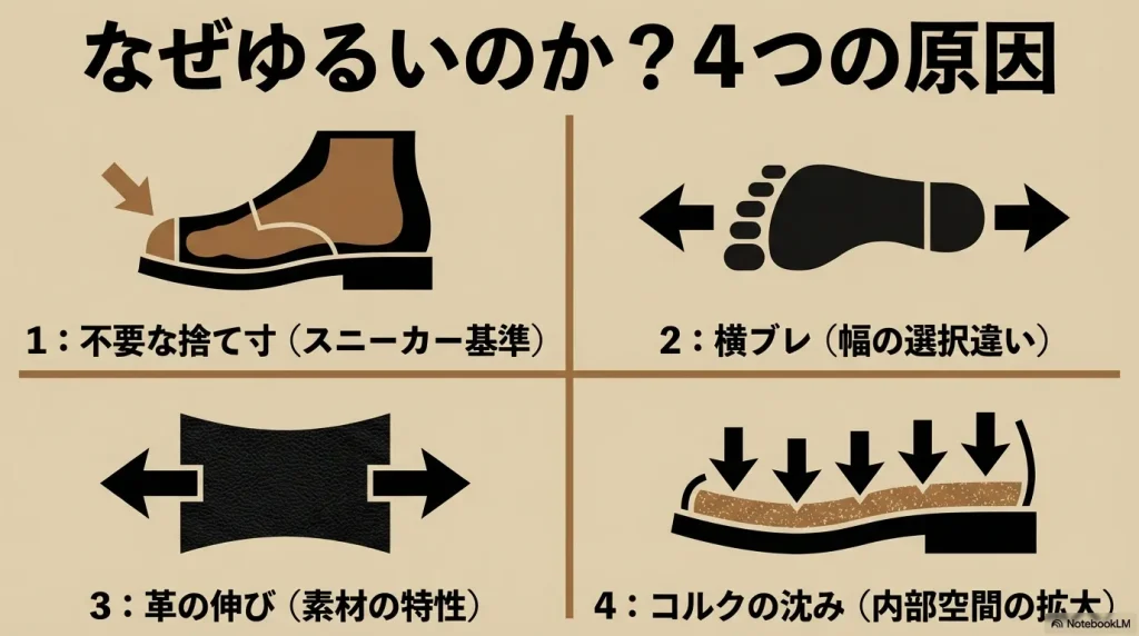 ビルケンシュトックのボストンがゆるくなる4つの原因（捨て寸、横ブレ、革の伸び、コルクの沈み）の図解