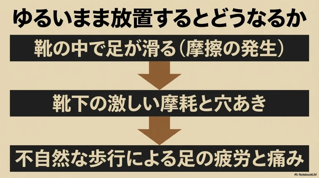 サイズがゆるいまま履き続けることで発生する靴下への摩擦や疲労のリスク解説