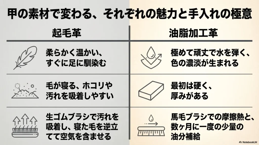 起毛革と油脂加工革の柔らかさや頑丈さといった特徴、汚れやすさ、そして専用ブラシや油分補給といった手入れの極意を比較した表