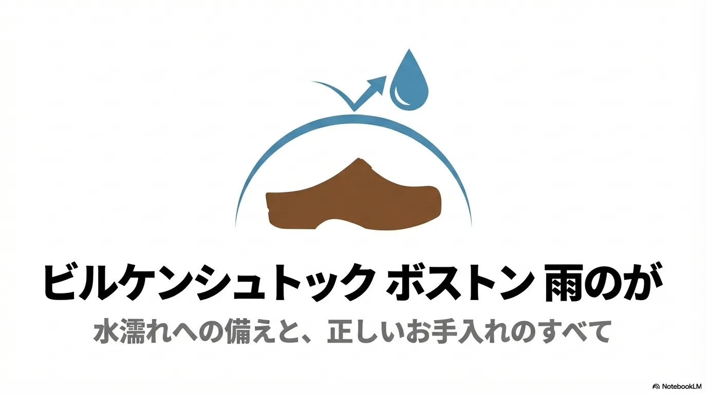 水滴を弾くビルケンシュトック・ボストンのイラスト。水濡れへの備えと正しいお手入れのすべて