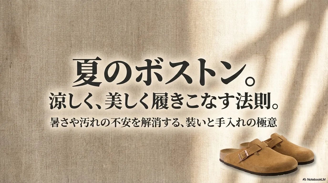 夏のボストン。涼しく、美しく履きこなす法則。暑さや汚れの不安を解消する、装いと手入れの極意をまとめたスライド表紙。