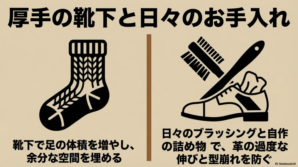 厚手の靴下で空間を埋める対策と、ブラッシングによる革の伸び・型崩れ防止の解説図