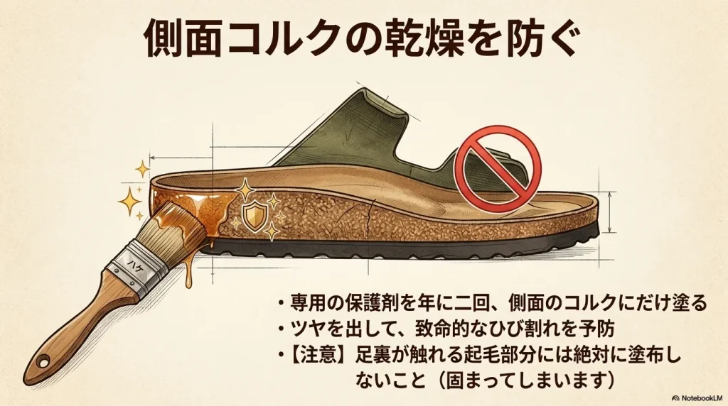 専用の保護剤（コルクシーラー）をハケで側面のコルクに塗ってひび割れを防ぐお手入れ方法