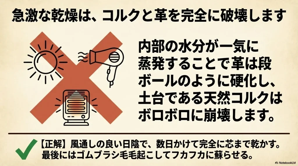 急激な乾燥によって内部の水分が蒸発し、革の硬化や天然コルクが破壊されるリスクと、日陰干しとゴムブラシを使った仕上げを推奨する説明
