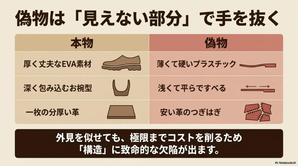 偽物は見えない部分で手を抜く。本物と偽物の構造（EVA素材、お椀型の深さ、革の質）の比較表