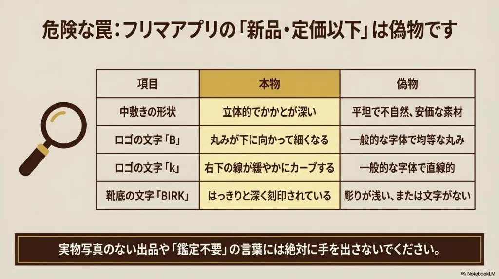 フリマアプリの新品・定価以下は偽物の危険性があることを警告し、中敷きやロゴなどの見分け方をまとめた表