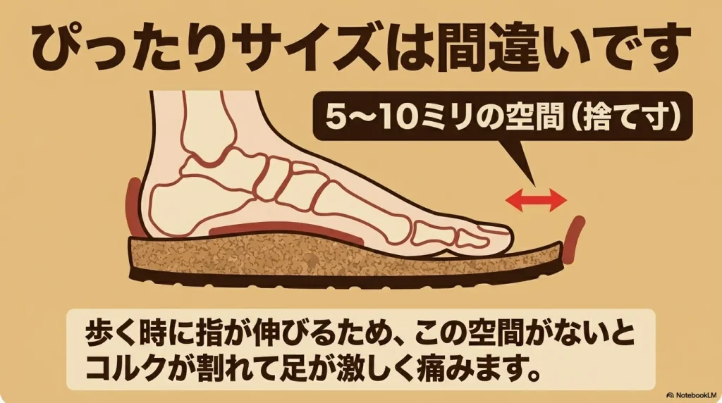 ぴったりサイズは間違い。歩く時に指が伸びるため、5から10ミリの空間（捨て寸）が必要