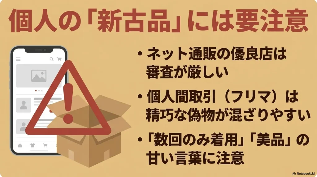 個人の「新古品」には要注意。個人間取引のフリマは精巧な偽物が混ざりやすい危険性がある