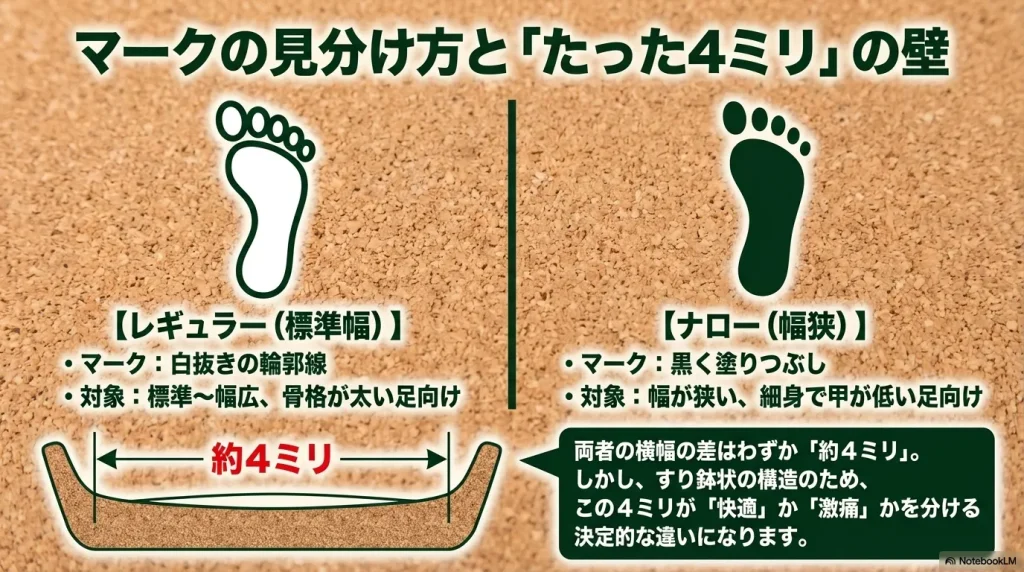 白抜きの輪郭線がレギュラー幅、黒く塗りつぶされたマークがナロー幅を示すアイコンの見分け方と、両者の横幅の差が約4ミリであることの図解 