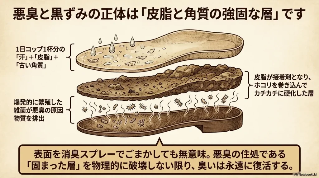 ボストンのフットベッド内部で、汗、皮脂、古い角質が接着剤となってホコリを巻き込み、雑菌が繁殖して悪臭の原因となる硬化した層を形成するメカニズムの図解