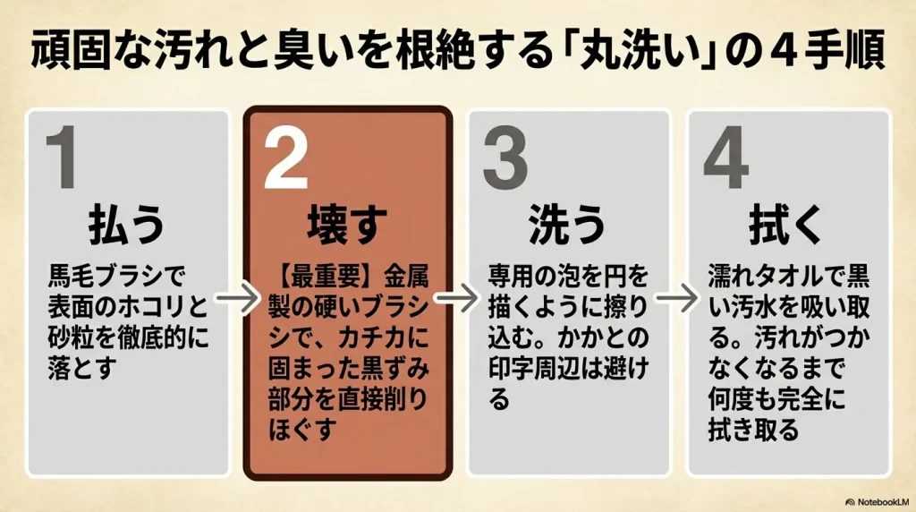 表面のホコリを払う、金属ブラシで黒ずみを壊す、専用の泡で洗う、汚水を拭くという、フットベッドの丸洗いに必要な4つのステップを示す図