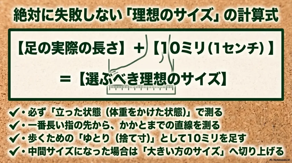 立った状態で測った足の実際の長さに、歩くためのゆとりとして10ミリを足して選ぶべき理想のサイズを算出する計算式