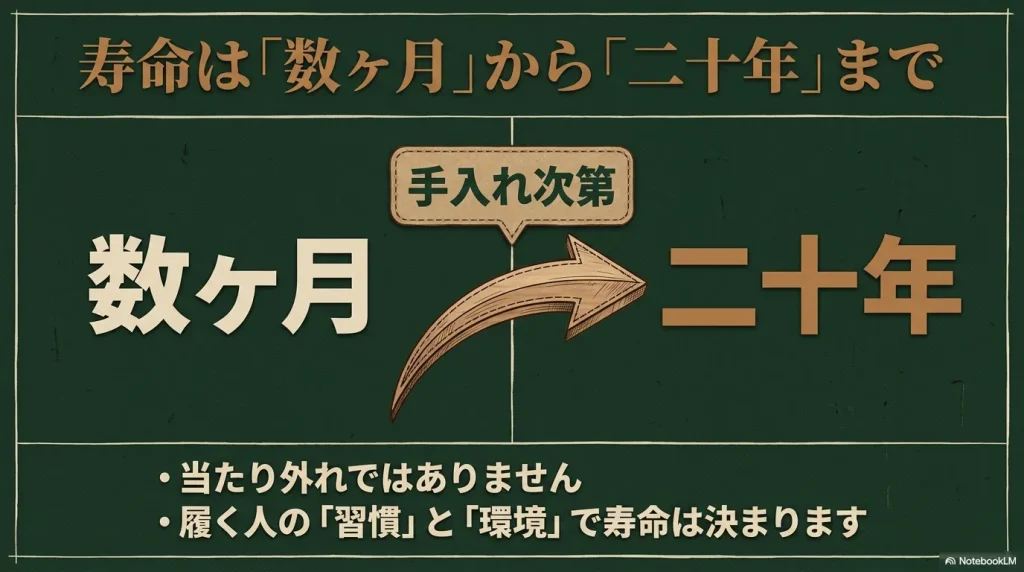 ビルケンシュトックの寿命は手入れ次第で数ヶ月から20年まで変わることを示す図