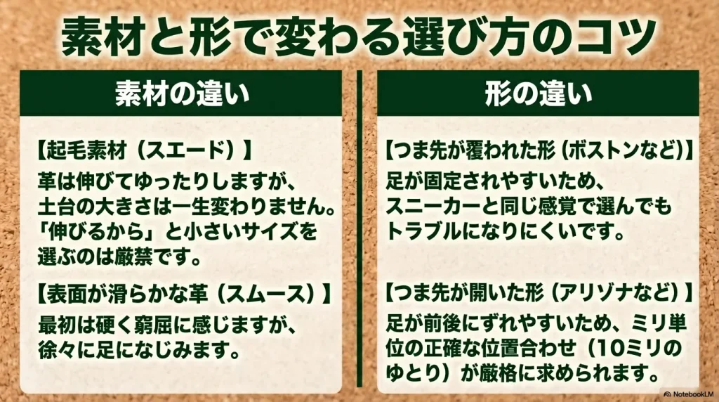 起毛素材のスエードや滑らかなスムースレザーといった素材の違い、つま先が覆われたボストンや開いたアリゾナなど形の違いによるサイズ選びのコツ