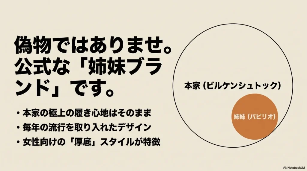 パピリオは偽物ではなく、ビルケンシュトックの極上の履き心地をそのままに毎年の流行を取り入れた公式な姉妹ブランドであることを示す図解