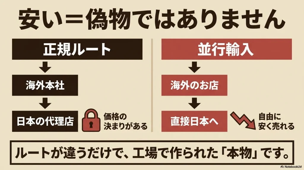 正規ルートと並行輸入の仕組みの図解。ルートが違うだけで、どちらも工場で作られた本物です。