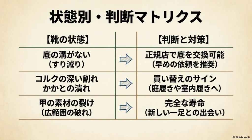 ビルケンシュトックの底のすり減り、コルクの割れ、素材の裂けから買い替えと修理を判断するマトリクス表