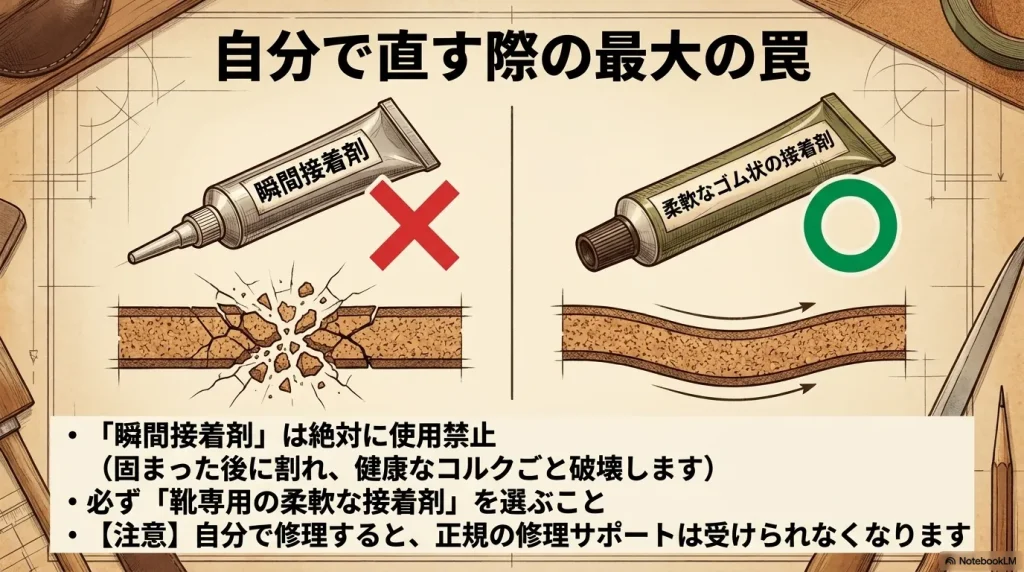 自分で修理する際に瞬間接着剤を使用するのは絶対禁止であることを示す警告図