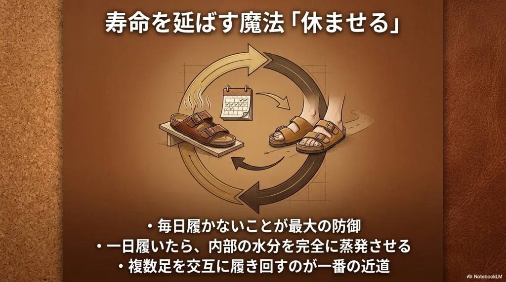 ビルケンシュトックを複数足でローテーションして内部の水分を乾かす重要性を表す図