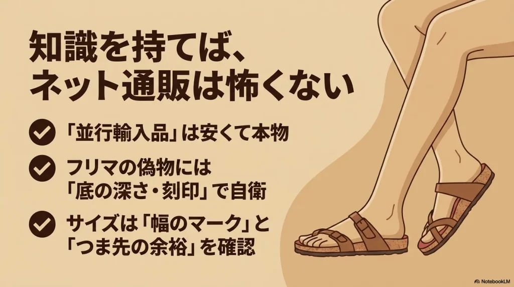 知識を持てば、ネット通販は怖くない。「並行輸入品」は安くて本物、底の深さや刻印で偽物を自衛、サイズは幅のマークとつま先の余裕を確認