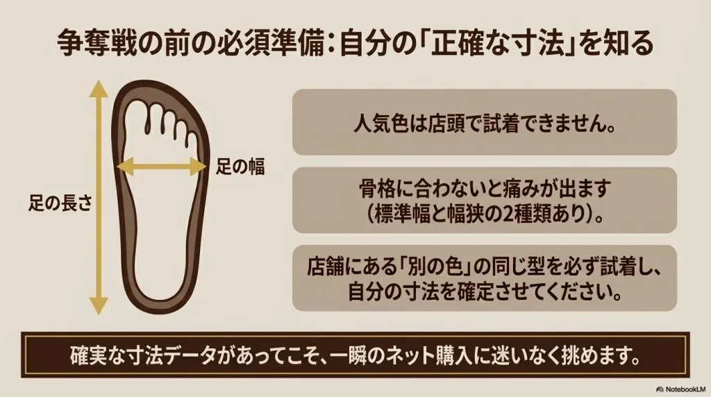 骨格に合わないと痛みが出るため、足の幅や長さを測り、店舗にある別の色で自分の正確な寸法を確定させるよう促すスライド
