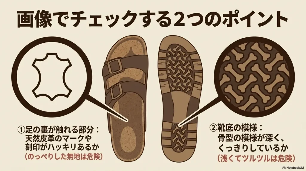 画像でチェックする2つのポイント。足の裏が触れる部分の天然皮革マークと、靴底の骨型の模様が深くくっきりしているか確認