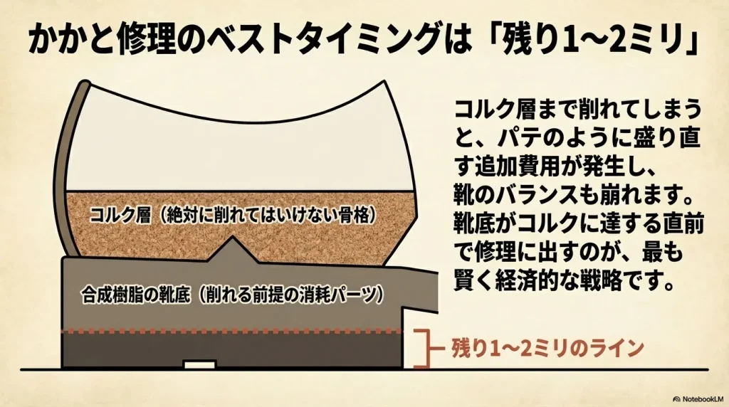 コルク層と合成樹脂の靴底の断面図。絶対に削れてはいけないコルク層に達する前の、残り1〜2ミリのラインが修理のベストタイミングであることを示す図