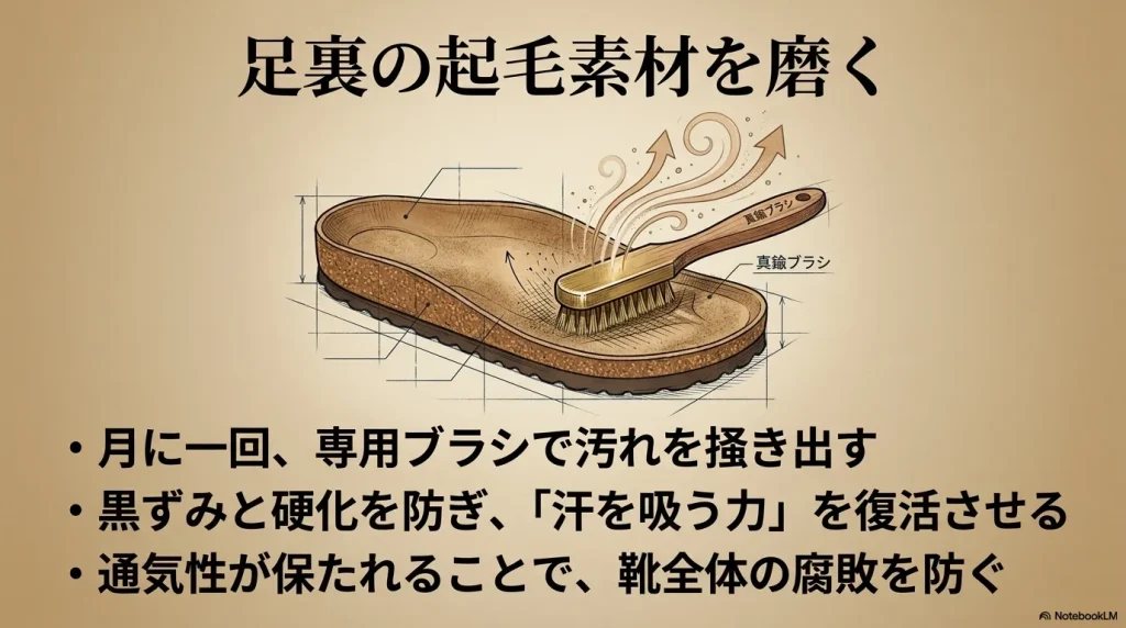 月に一回、真鍮ブラシで足裏の起毛素材（スエード）を磨いて汚れを掻き出し通気性を復活させる図