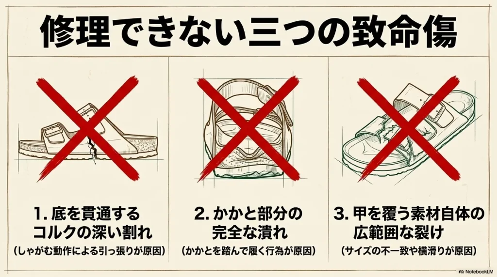 正規店で修理できない3つの致命傷（底の貫通割れ、かかとの潰れ、甲の裂け）を示す図