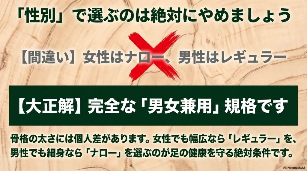 女性はナロー、男性はレギュラーという選び方は間違いであり、骨格の太さに合わせて選ぶべき完全な男女兼用規格であることの解説