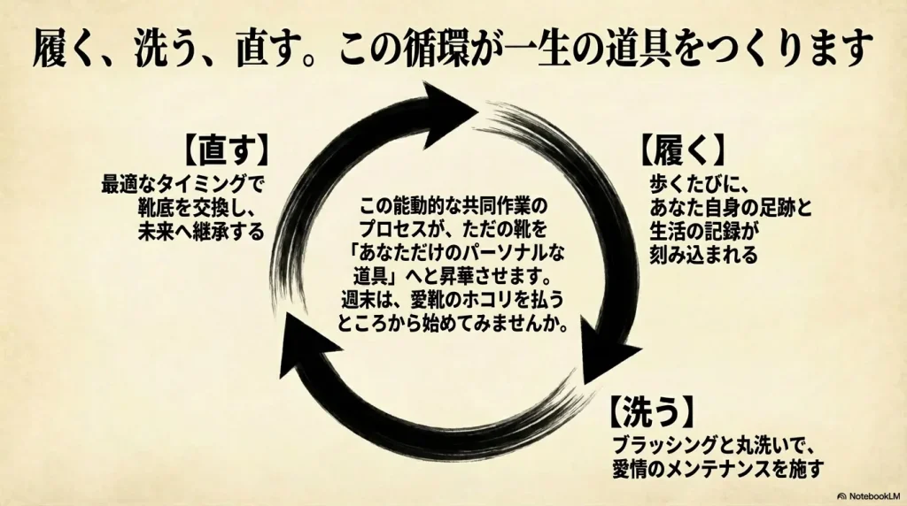 履く、洗う、直すという3つの能動的な共同作業の循環が、ただの靴を一生のパーソナルな道具へと昇華させるプロセスを示す図