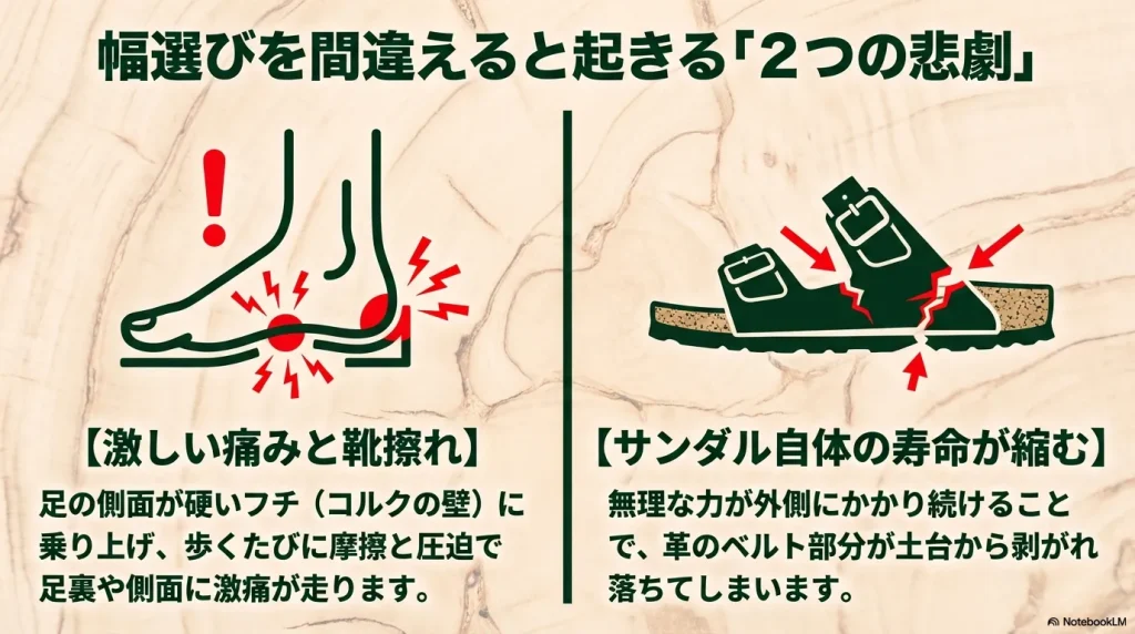 幅選びを間違えると、足の側面がフチに乗り上げて激痛が走るトラブルや、無理な力がかかってサンダル自体の寿命が縮む2つの悲劇のイラスト