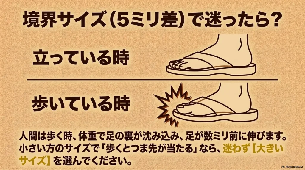 歩く時に体重で足が数ミリ前に伸びるため、小さいサイズでつま先が当たるなら大きいサイズを選ぶ