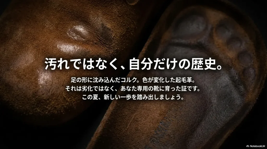 足の形に沈み込んだコルクや色が変化した起毛革は、劣化ではなく自分専用の靴に育った証であるというメッセージ。