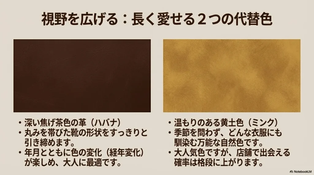 ボストンの代替色として、深い焦げ茶色のハバナと温もりのある黄土色のミンクの質感を示すスライド