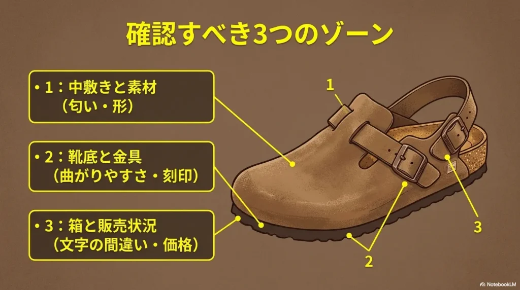 ボストンの真贋を確認すべき3つのゾーン 。中敷きと素材、靴底と金具、箱と販売状況 。