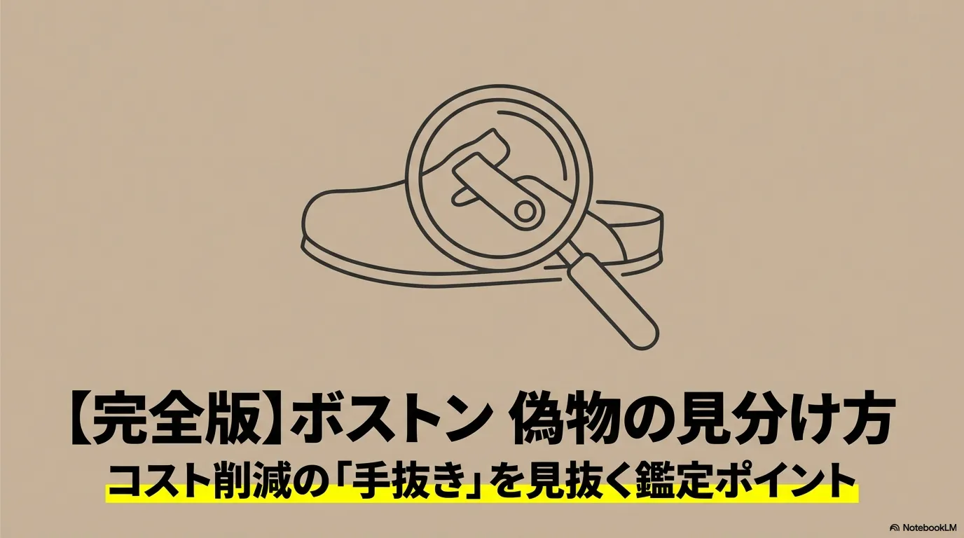 虫眼鏡で靴の細部を確認するイラスト 。【完全版】ボストン偽物の見分け方 。