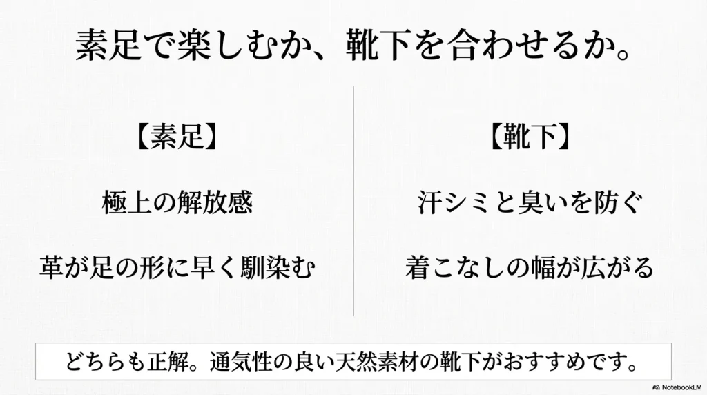 極上の解放感を味わえる素足と、汗シミを防ぎ着こなしの幅が広がる靴下、どちらも正解であることを比較した解説。