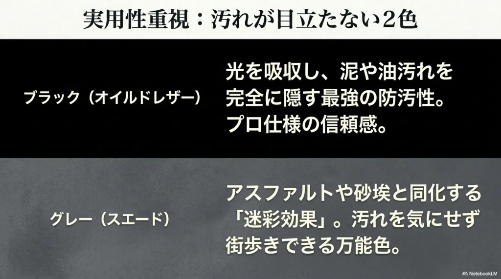 汚れが目立たないブラック（オイルドレザー）とグレー（スエード）の実用性と防汚効果を解説したスライド